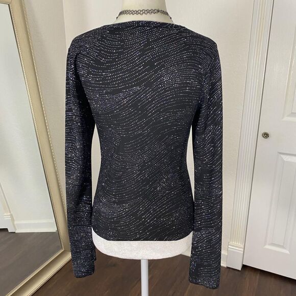 Vampy Goth Early 2000's Longsleeve Black Silver Glitter Bat Sleeve Top M - Picture 6 of 8
